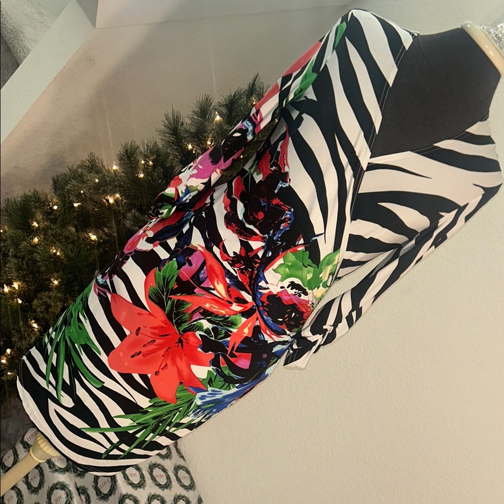 Joseph Ribkoff Black and White Zebra Print Dress with Floral Accents